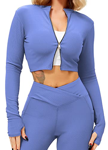 TZLDN Camiseta deportiva de manga larga para mujer, para yoga, fitness, gimnasio, entrenamiento, ciclismo, jogging, #1 Púrpura Azul - Cremallera, S Cover