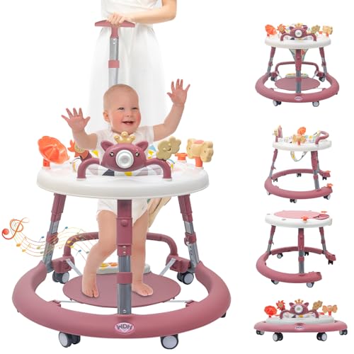 Image of HXG 4 in 1 Baby Walker, Baby Walker with Wheels & 4 Heights Adjustable, Foldable Baby Walker Include Musical Toy Tray and PVC Pedals, Baby Walkers for Babies 6-18 Months Pink