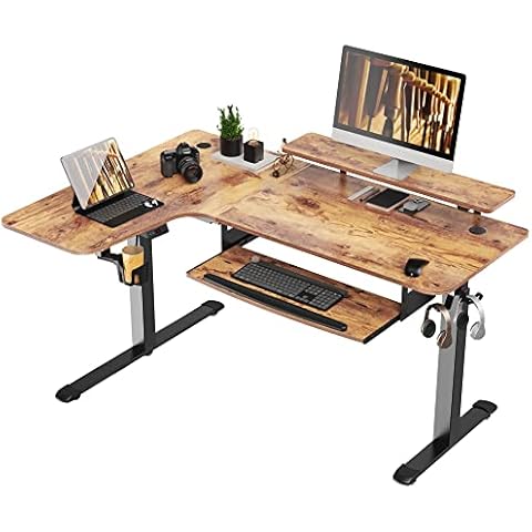 EUREKA ERGONOMIC Standing Desk with Keyboard Tray, Computer Desk, 61" L Shaped Electric Adjustable Height Desk w Monitor Stand LED, Corner Sit Stand Desk Gaming Desk, Dual Motor,Left/Rustic Brown Cover