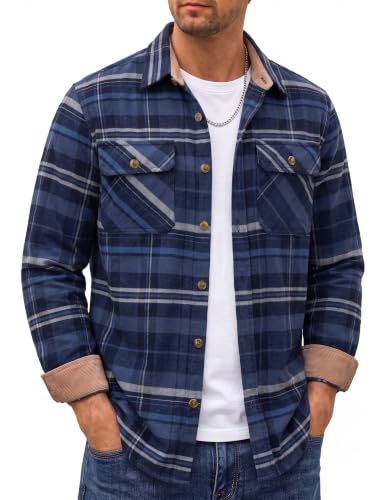 Image of Cotrasen Mens Flannel Shirts Cotton Plaid Button Down Shirt | Long Sleeve, Corduroy Collared, Soft,Breathable, Work, Western, Trendy, Casual Classic Flannel Shirt with Pocket
