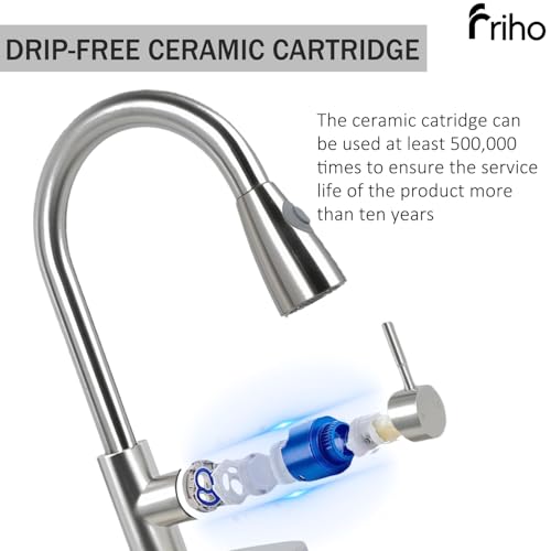 Friho Kitchen Faucet with Pull Down Sprayer Brushed Nickel, High Arc Single Handle Stainless Steel Kitchen Sink Faucets, 1 or 3 Hole Sink Faucet for Farmhouse Rv Bar Laundry Camper, FR2CBQYT001L-D - Thumbnail 4