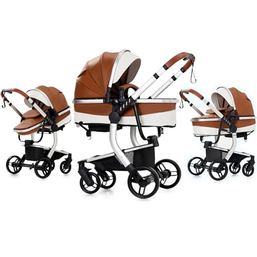 Image of Aveainelle PU Leather 2 in 1 Baby Stroller, Reversible Infant Stroller, Convertible Newborn Travel Carriage with One-Click Folding, Toddler Pram Carriage (2US518-Khaki)