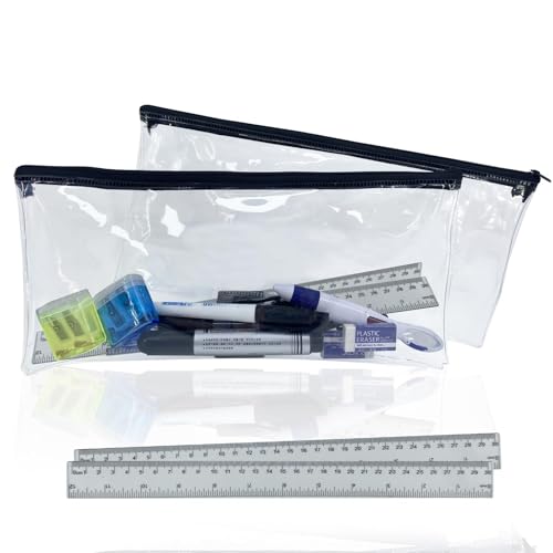 2 x transparentes Federmäppchen mit 2 x 30 cm Lineal, 32 cm schwarzer Reißverschluss, durchsichtiges Federmäppchen für Prüfungen, Schule, Büro, Reisen, durchsichtig, 32 cm, Nur Prüfung