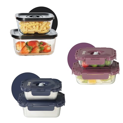 Image of Stegl Vacuum Container Set of 6 - Airtight Food Containers Made with Steel and Glass | Keeps Food Fresh 5x Longer | Microwave & Dishwasher Safe | German Engineered | Multicolor