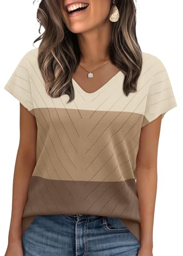 Image of WIHOLL Short Sleeve Sweater for Women V Neck Trendy Summer Tops 2026 Beach Vacation Clothes Travel Business Casual Outfits