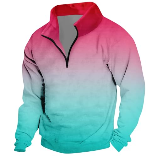 Pullover Herren Stehkragen Mit Knöpfen Sweatshirts Pulli Ethnischer Retro Druck T Shirt Tops Komfortabel Hoodie Herren Oversize 2024 Sweater Vintage Herren Hemd Langarm Oberteil Sweatjacke(3-Cyan,XXL)