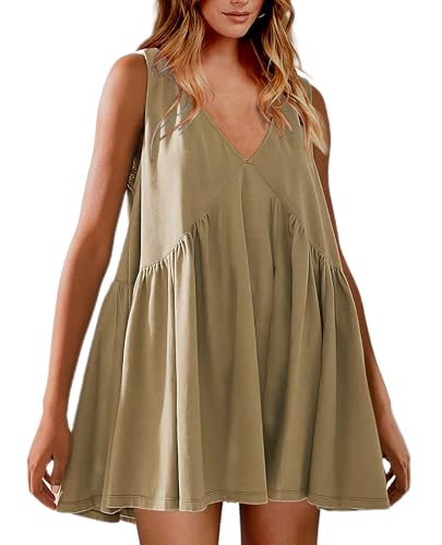 Image of Womens Babydoll Dress Summer Sleeveless Mini Dress Casual Loose V Neck Swing Flowy Beach Sundresses with Pockets