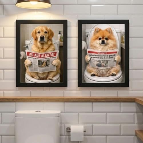 Kit 2 Quadros Cachorro No Banheiro Engraçado Moldurado (Moldura Preta)