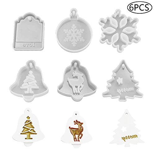 JAHEMU Christmas Silicone Moulds Resin Mould Pendant Jewelry Resin Casting Molds Epoxy Resin Molds for Making Xmas Tree Ornament DIY Craft 6pcs