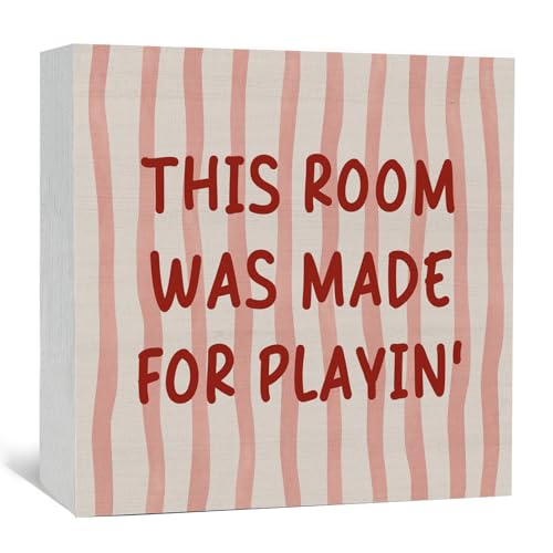 GWOKPAAI Playroom Wooden Box Signs Desk Decor, Boho Nursery Decor, This Room Was Made for Playin Pink Striped Wooden Signs Desk Decorations for Kids Nursery Room Playroom Tabletop Shelf Wall, 5x5in
