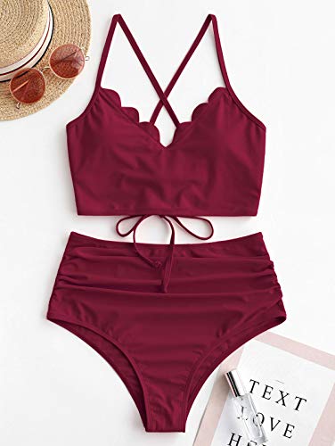 ZAFUL Women's Ruched High Waisted Tankini Swimsuit Criss Cross Bikini Set Tummy Control Bathing Suit3