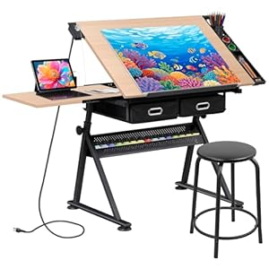 JupiterForce Drafting Table Art Desk w/Power Outlet and Stool, Adjustable Tilting Drawing Table Artist Desk with 2 Storage Drawers, Art Craft Work Station for Home Office Working, Writing, Crafting