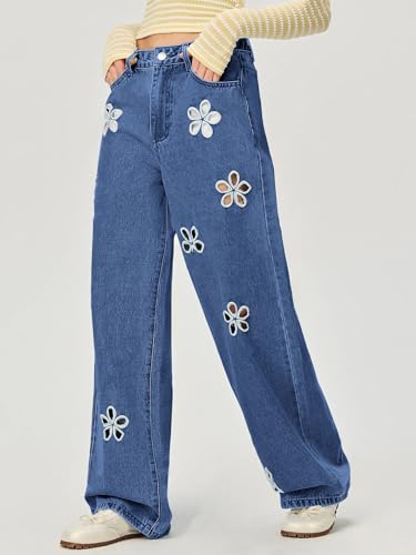 chouyatou Women's Y2k Baggy Wide Leg Denim Pants Hollow Out Flower Boyfriend Mid Rise Barrel Jeans with Pockets2