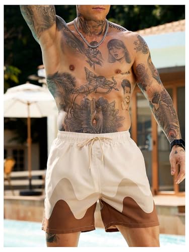 Men's Color Block Swim Trunks Drawstring Waist Hawaiian Bathing Suits Board Shorts Beachwear4