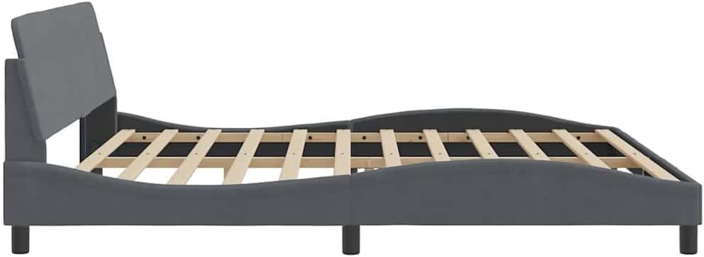 Modern Dark Grey Velvet Bed Frame with Sturdy Pine Wood Platform, Slatted Foundation, Easy Assembly for Bedroom Mattress Support, Durable Heavy-Duty Frame with Nonslip Design