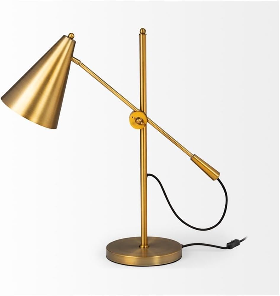 Pemberly Row 26" H Gold-Tone Metal Adjustable Cone Shade Table Lamp, Antique Finish, Conical Shade, Circular Base, Ideal Table or Desk Lamp for Industrial or Elegant Room Decor