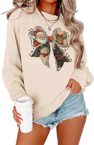 Vlinphin Christmas Sweatshirts for Women: Funny Christmas Tops Merry And Bright Xmas White Long Sleeve Graphic Pullover