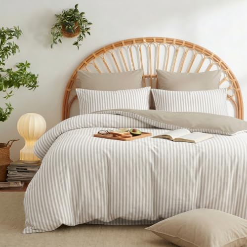 Image of Nayoroom Brown Striped Duvet Cover Queen Reversible White Taupe Bedding