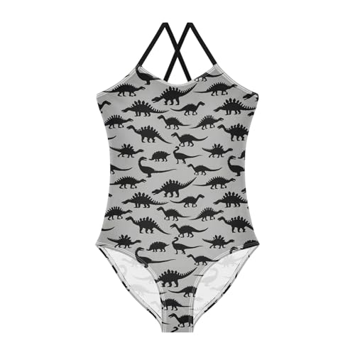 senya Girls Swimsuits One-Piece Swimwear Tie Bathing Suit Beach Summer Round Neck 7-8T Black Dinosaur Gray Pattern