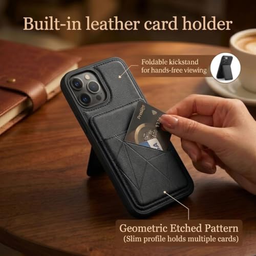 Image of amazon basics Premium Vegan Leather Back Cover with Card Holder and Integrated Mobile Stand for iPhone 12 Pro Max - Slim Shockproof Wallet Case with Geometric Stitching [Black]