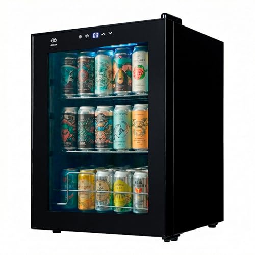 AVERA Refrigerador enfriador de bebidas 50 latas, Puerta de vidrio, Estantes removibles, Luz interior, Panel táctil, Ajuste de temperatura 3°C a 18 °C. Frigobar capacidad 46L, 1.7 pies | EBC50