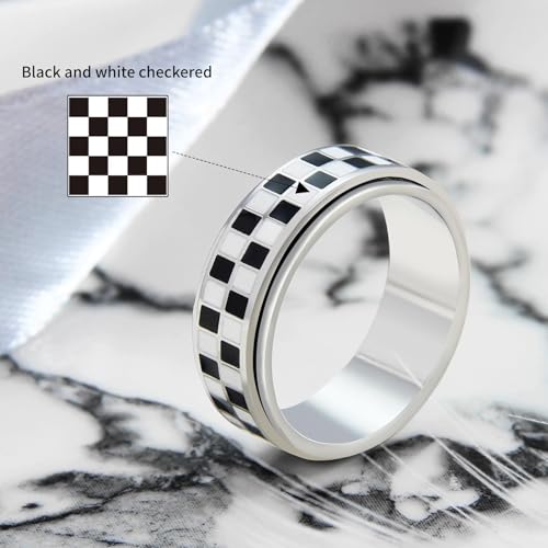 Checkered Fidget Ring for Men - 8mm 18K Gold Plated Stainless Steel Anxiety Spinner Jewelry for Adults, Modern Black and White Checkerboard Roating Ring for Stress Relief Gift for Men Women4