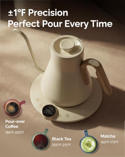 Image of INTASTING Gooseneck Electric Kettle, ±1℉ Temperature Control, Stainless Steel Inner, Quick Heating, for Pour Over Coffee, Brew Tea, Boil Hot Water, 1500W /0.9L (Morandi White)