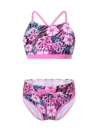 TTAO Kid Girl's Two Piece Tankini Swimsuit Cross Back Swim Top with Bottom Beach Bathing Suit Gardenia Rose 8 Years