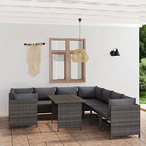 Gecheer 9-TLG. Lounge Gartenmöbel Set, Rattan Lounge Set, Loungemöbel Polyrattan, Terrassenmöbel, Balkonlounge Gartenlounge Gartensofa mit Kissen Grau
