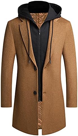 PRIJOUHE Men's Wool Coat Hoodie Long Trench Coat Cotton Casual Woollen Overcoat Jacket