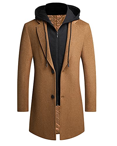 Image of PRIJOUHE Mens Wool Trench Coat Winter Hooded Pea Coat Long Jacket Overcoat