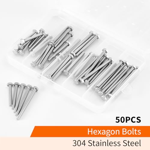 Image of M4 x 30mm 35mm 40mm 45mm 50mm Heavy Duty Hexagon Bolts Hex Head Screws, 304 Stainless Steel, Metric Machine Fully Threaded, Bright Finish, Assortment Kit 50PCS
