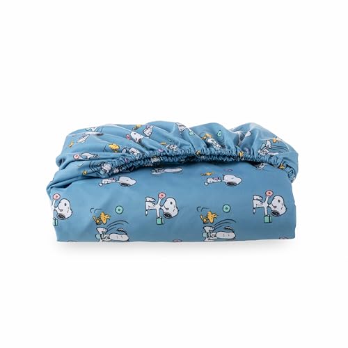 Image of Berkshire Blanket Peanuts Fitted Sheet King Size(Only), Cute Character Snoopy Microfiber Sheet with Deep Pocket, Soft and Breathable, Snoopy's Morning Coffee Small Blue