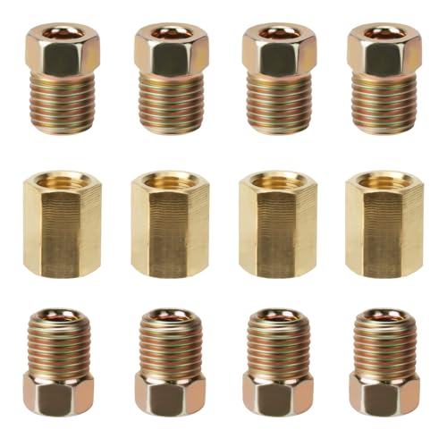 3/16 Brake Line Pressure Fittings 12 Pieces 3/8 Inch-24 Threads Brass Brake Line Fitting Assortment for 3/16 Inch Brake Line Tube (4 Unions 8 Nuts)