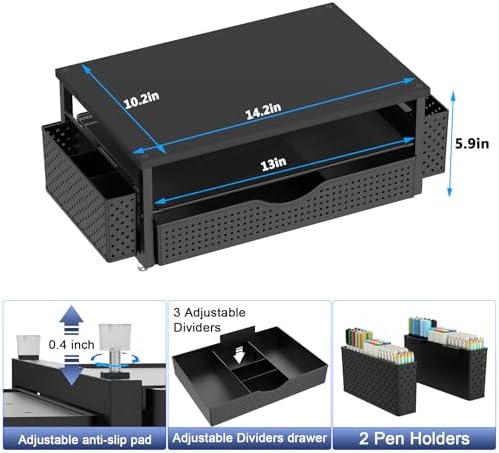 Spacrea Desk Organizer and Accessories, Computer Monitor Stand Riser with Drawer and 2 Pen Holders, Office Desk Accessories & Workspace Organizers for Office Supplies (Black) - 4