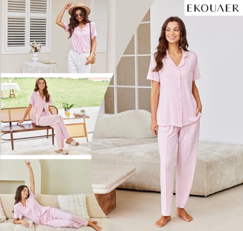 Image of Ekouaer Pajamas for Women Set Button Up Short Sleeve Pjs Sets With Pockets | Soft Womens Sleepwear,V Neck,Notch Collar,2 Piece Classic Loungewear With Long Pant for Sleep,Lounge,Fall