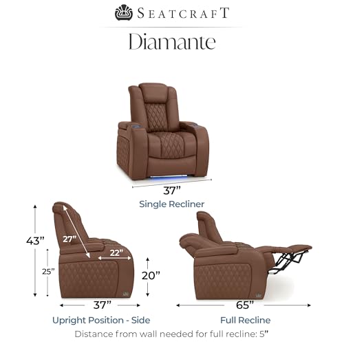 Image of Seatcraft Diamante Tobacco Italian Leather Home Theater Seating, Zero Gravity Power Recliner Gaming and Home Office Chair, Powered Headrest Lounge Sofa Furniture for Cinema Room, Single Recliner