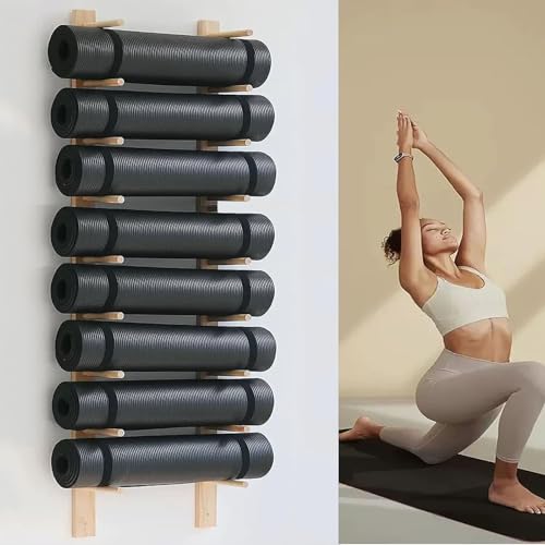 Ścienny uchwyt na matę do jogi - Drewniany uchwyt na maty gimnastyczne i rolki piankowe - zajmująca mało miejsca pływająca półka na siłownię i fitness w domu
