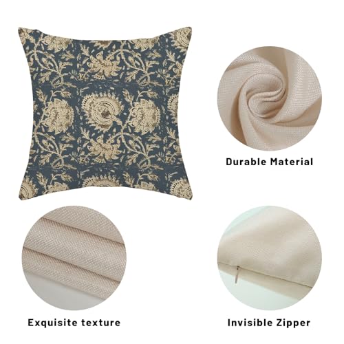 Sorktse Navy Blue Pillow Covers 18x18 Inch Set of 2 Vintage Blue Floral Throw Pillows Neutral Modern Boho Block Print Floral Pillowcases Outdoor Accent Decorative Linen Cushion Covers for Couch Sofa — view 6