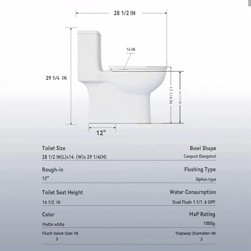 Dual Flush One Piece Toilets for Bathrooms, Compact Black Toilet Elongated with Soft Closing Seat, Modern 12 Inch Rough in Toilet, 1.6 GPF & Map 1000g, Comfort Height, Silent Design, Space-Saving