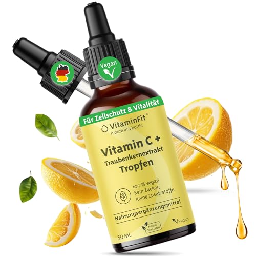 Vitamin C Tropfen mit OPC aus Traubenkernextrakt 180 mg Vitamin C - Flüssig - gepuffertes Calcium-L-Ascorbat Hohe Bioverfügbarkeit Ohne Zusatzstoffe Vorrat für 2 Monate (50 ml)