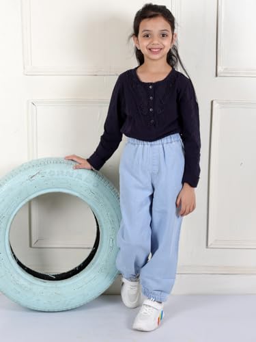 Image of superminis Girls Denim Jeans | Stretchable Blue Cat Print Jeans for Girls 3-10 Years | Soft Comfortable Kids Denim Pants for Casual
