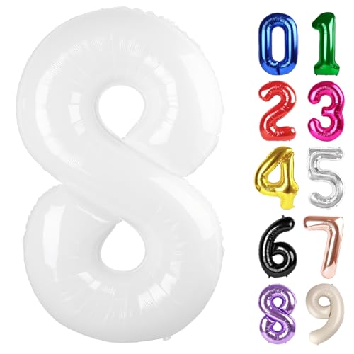 8 Balloon - White Birthday Number Balloons, 40 Inch Decorations Men Women