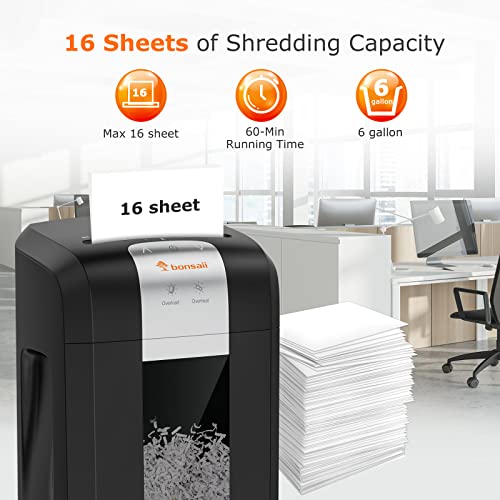 Bonsaii 16 Sheet Paper Shredder For Office, 60-Minute Cross-Cut Heavy Duty Shredders Also Shreds Cds/Credit Card, Commercial Shredder With 6 Gal Pullout Basket, Jam Proof & 4 Casters, Black (3S23) #TOP1