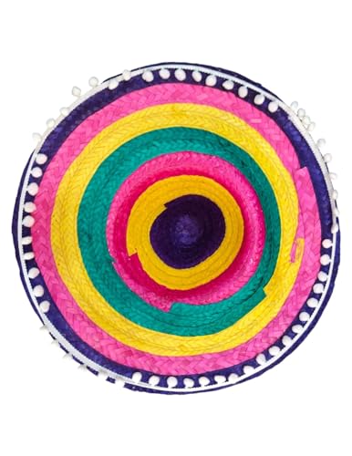 Image of BookMyCostume Colorful Mexican Straw Hat for Adults & Teenagers - Multicolor Fiesta Sombrero with White Cotton Ball Lace | Traditional Unisex Costume Hat for Theme Parties & Fancy Dress