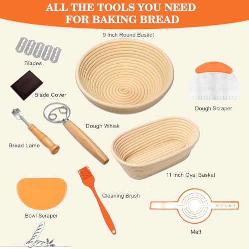 Banneton Bread Proofing Basket Set - 9 Inch Round & 11 Inch Oval Sourdough Proofing Baskets with Accessories - Image 2