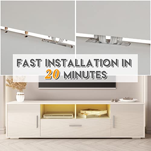 Extougend Modern White Led Tv Stand With Storage And Entertainment Center For 50 55 60 65 70 75 Inch Tvs, High Gloss Wooden Tv Cabinet With Glass Storage Rack For Living Room And Bedroom #TOP6