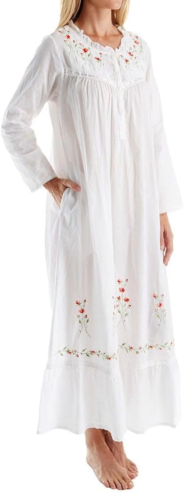 LA CERA Women's 3/4 Sleeve Sleepwear Nightgown, 100% Cotton, Side Pockets, Rose Embroidered, Ribbon Trimmed Yoke