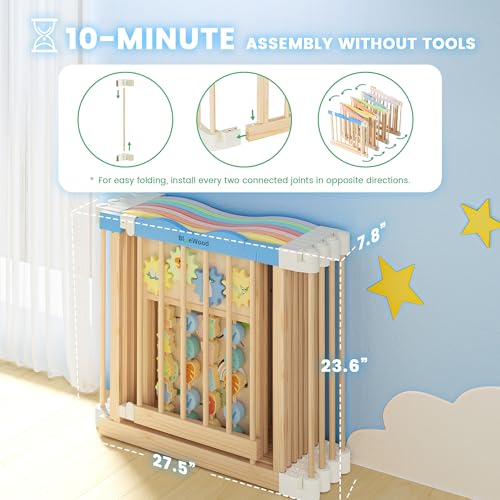 Image of Foldable Wooden Playpen - Adjustable Wood Baby Play Yard with Child-Proof Lock, Indoor Large Safety Fence for Babies and Toddlers - Easy Assembly, 55 x 55 x 24 inches, Dino Land, Colorful