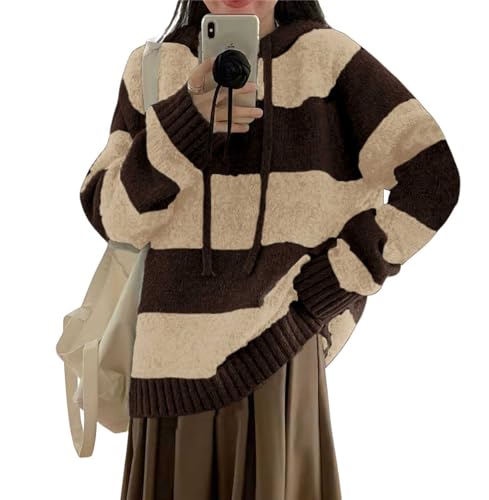 chouyatou Women's Casual Striped Hooded Sweaters Color Block Sweater Hoodies Pullover Knit Jumper Tops